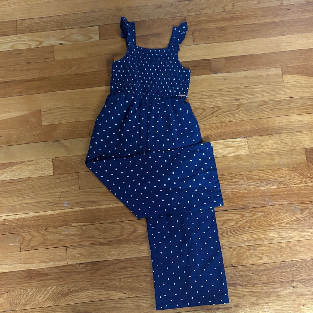 Tahari Kids One Piece Jumpsuit in Navy with White Polka Dots